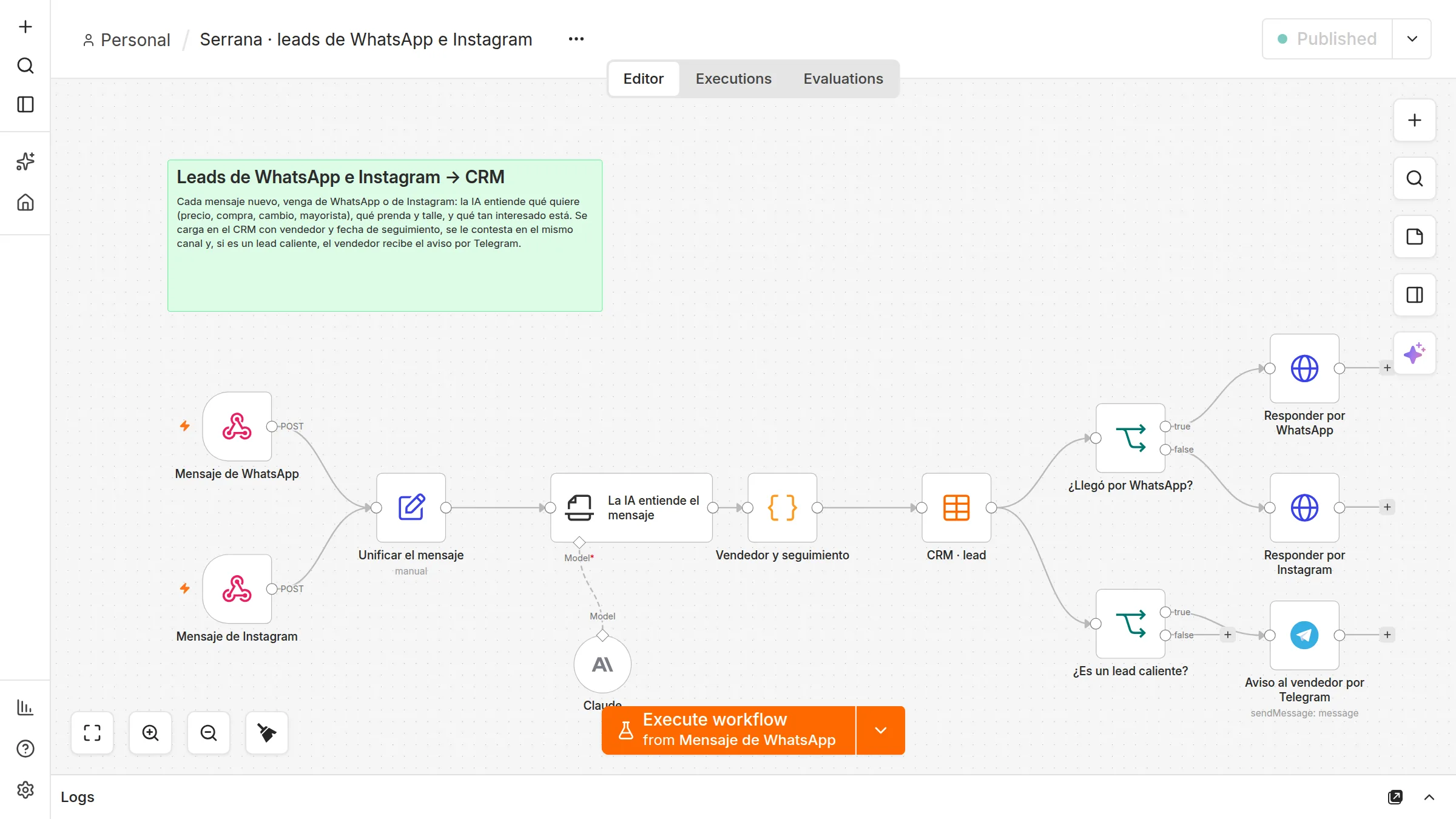 Lienzo de n8n del flujo «Leads de WhatsApp e Instagram directo al CRM»